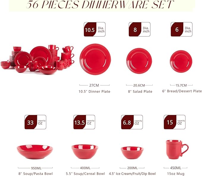 Pearl Dots Stoneware Dinnerware Set (56pc Set, Red)