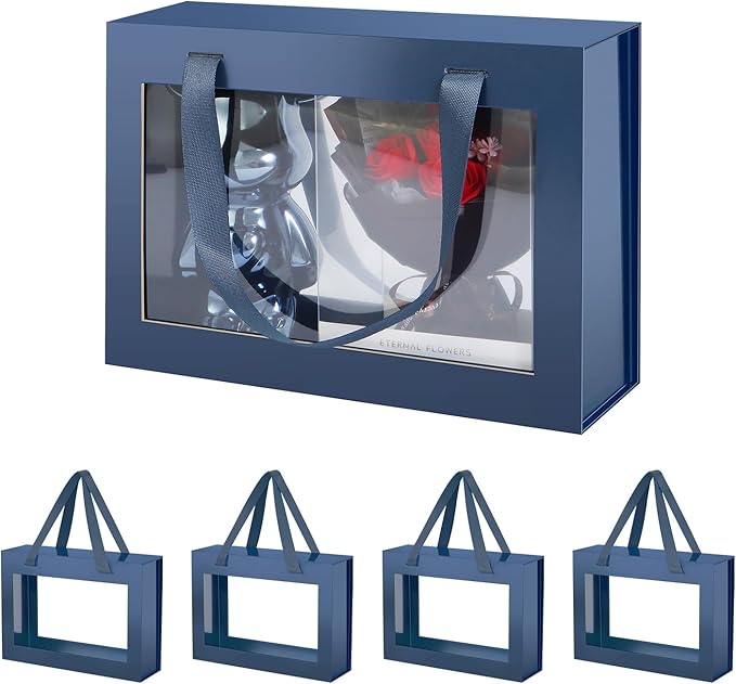 JINGUAN 5 Navy Blue Gift Boxes with Windows, Clear Magnetic Gift Boxes for Presents, Groomsman Proposal Boxes (11x8x3.2 Inches)