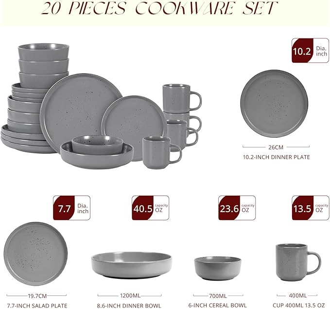HomeVSS 20-Piece Dinnerware Set - Serves 4, Matte Grey Glaze plates and bowls sets with Speckle Effect for Microwave & Dishwasher Safe
