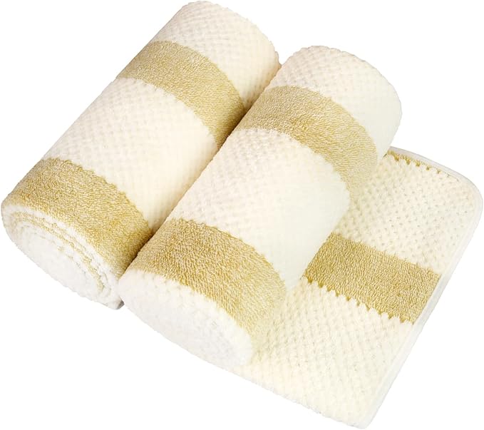 JML Microfiber Bath Towels, Bath Towel 2 Pack(30" x 60"), Oversized, Soft, Super Absorbent and Fast Drying, Multipurpose Use for Sports, Fitness, Yoga, Waffle Stripe Light Brown