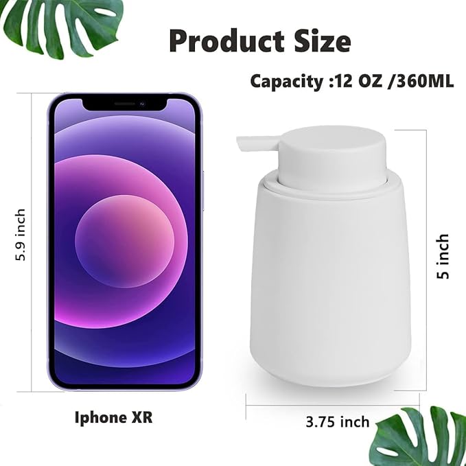 12Oz White Soap Dispenser - Modern Ceramic Lotion Hand Soap Dispenser with Easy-to-Press White Pump, Reusable and Refillable Liquid Dish Soap Dispenser for Bathroom, Kitchen (Rubber Paint)