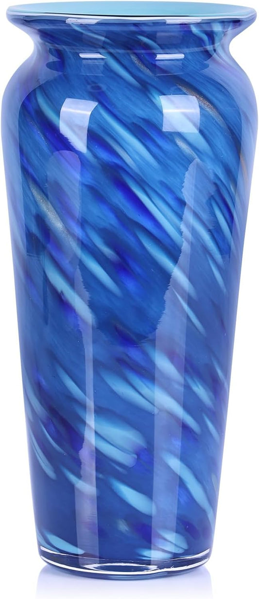 Blown Glass Blue vase, Blue Home Decor, Modern Art Wide Mouth vase for Living Room Dining Table Coffee Table entryway TV Stand nightstand Centerpiece.
