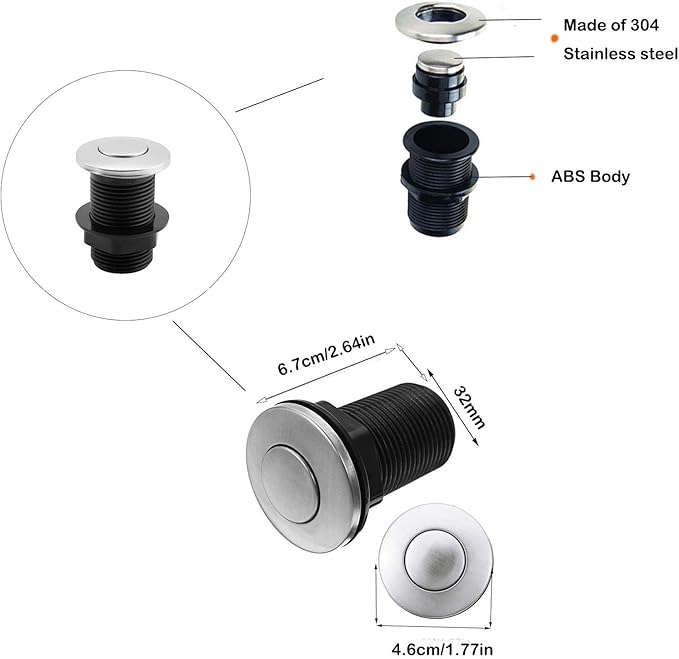 𝟐𝟎𝟐𝟓 𝙐𝗽𝒈𝒓𝒂𝒅𝒆𝒅 Sink Top Push Button with Air Hose Replacement, Air Switch Button for Garbage Disposal Air Actived Switch Sink Garbage Disposal Parts by Ketofa