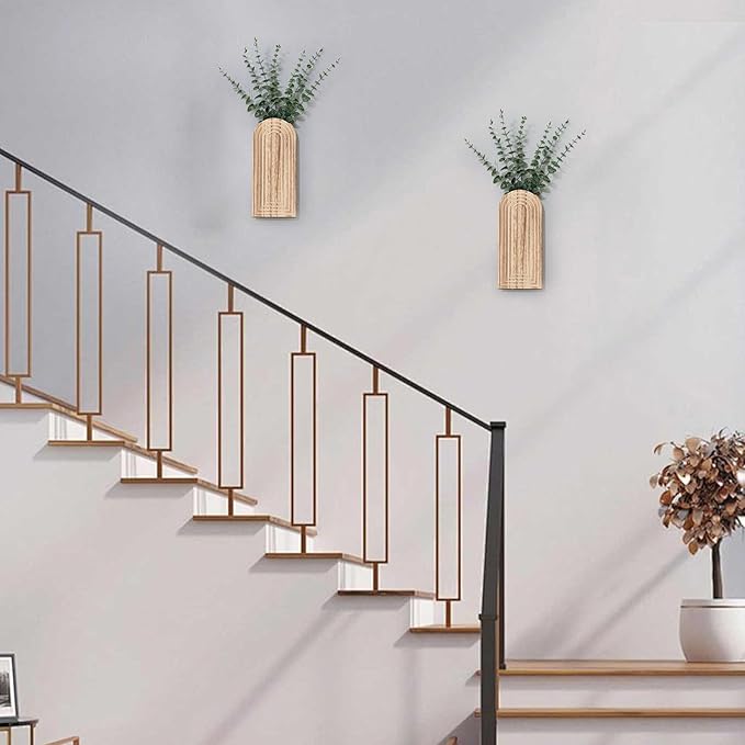 Wooden Wall Planter Vase Set of 2, Boho Hanging Planter for Indoor Plants & Flowers, Natural Wood Wall-Mounted Planters for Art Home Decor - Living Room, Bedroom, Bathroom, Patio (Natural Wood)