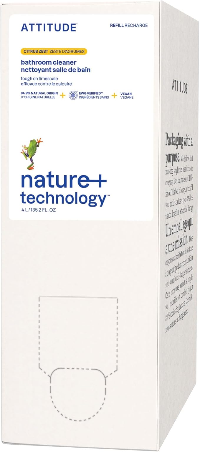 ATTITUDE Bathroom Cleaner Spray Refill, EWG Verified, Plant-Based & Vegan, Safe for Bathroom Surfaces, Tiles, Tubs, Shower Walls, and Grout, Citrus Zest Scent, 135.26 Fl Oz