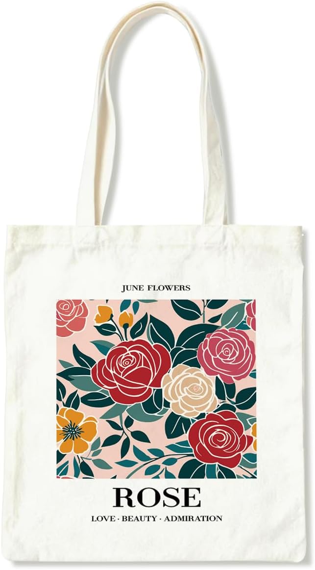 Month Flower Canvas Tote Bag, June Rose Reusable Shoulder Bags, Gifts to Sister and Friends, Holiday Gift Bags for Wrap Storage, Casual Canvas Totes for Work Traveling