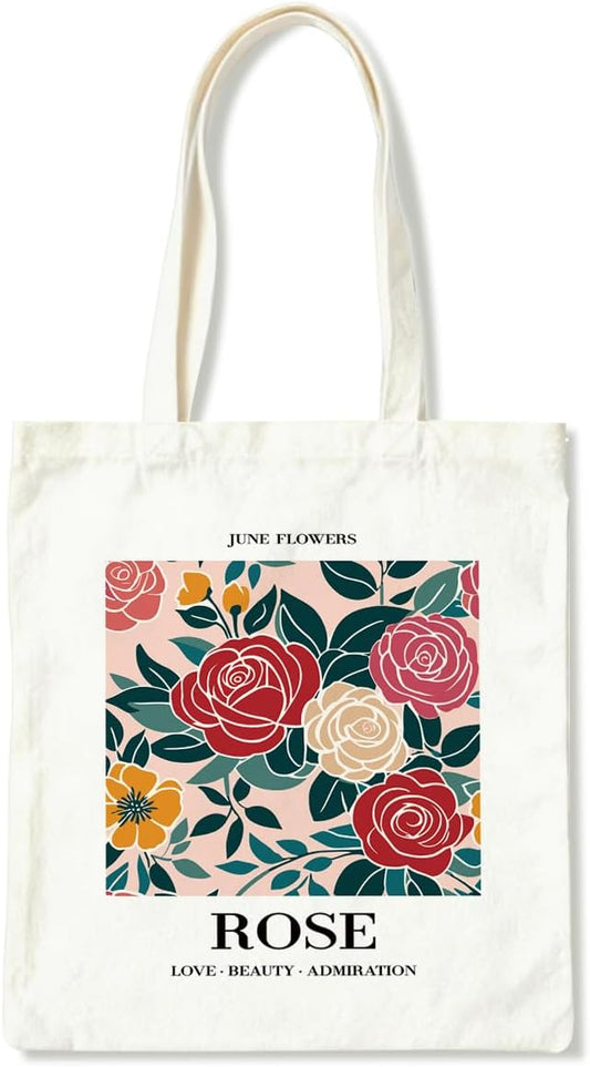 Month Flower Canvas Tote Bag, June Rose Reusable Shoulder Bags, Gifts to Sister and Friends, Holiday Gift Bags for Wrap Storage, Casual Canvas Totes for Work Traveling