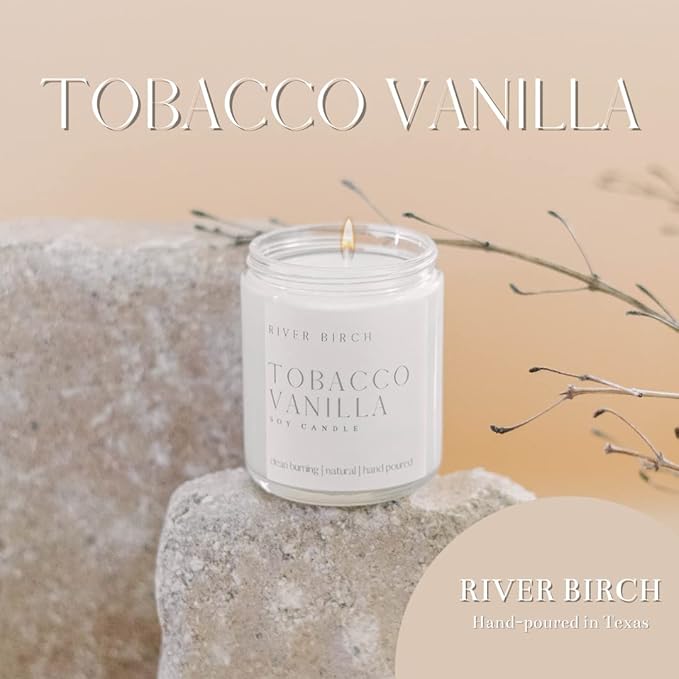River Birch Candles Tobacco Vanilla Scented Candle | Premium, All-Natural, Non-Toxic, Soy Candles | 8.5oz 40 Hr Burn Time | Cozy Relaxing Gifts for Home