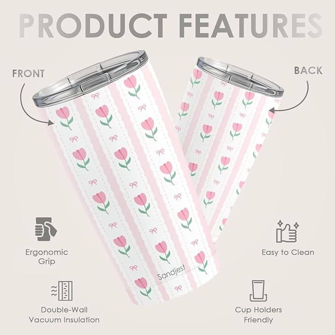 SANDJEST Tulip Tumbler 20oz, Stainless Steel Travel Cup with Lid, Insulated Coffee Mug, Tulip Gifts for Women Girls Friends Sisters on Birthday Christmas