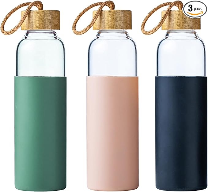 21oz Glass Water Bottle with Silicone Sleeve & Bamboo Lid, BPA Free Reusable Water Bottle Glass for Gym Office Travel, Gift for Fitness Enthusiasts (Green+Pink+Black)