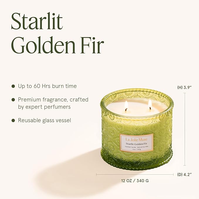 LA JOLIE MUSE Christmas Candle | Starlit Golden Fir | Fir Balsam, Cedarwood & Smoke | 12 oz Soy Candle, Double Wick | 60 Hours Clean Burn | Christmas Gift for Women & Family