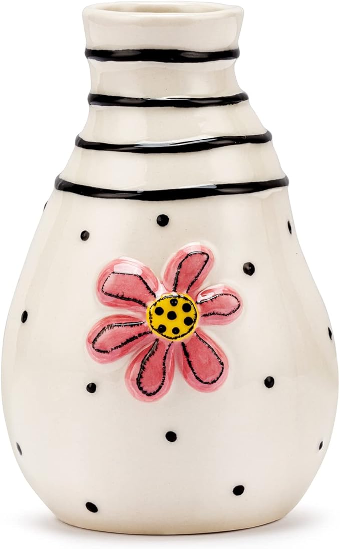 DEMDACO Pink Flower Black and White 3 x 5 Stoneware Mini Decorative Vase