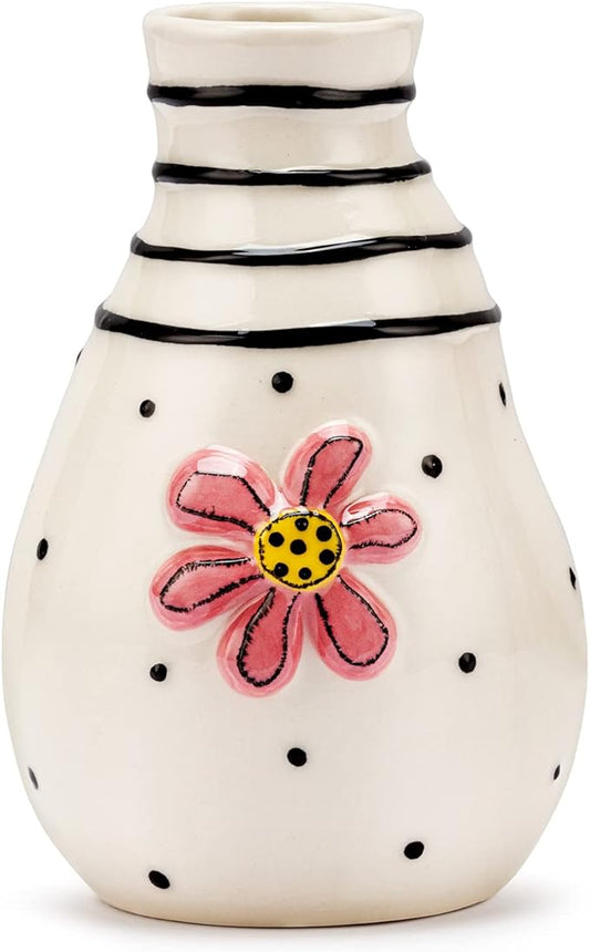 DEMDACO Pink Flower Black and White 3 x 5 Stoneware Mini Decorative Vase