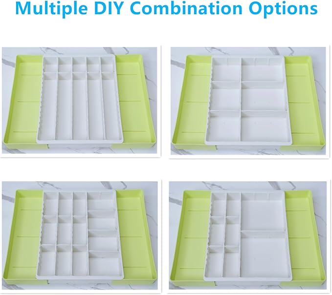 Fu Store Silverware Drawer Organizer DIY Customize Expandable Utensil Tray for Kitchen Upgraded Flatware Cutlery Holders Adjustable Plastic Tableware Storage for Spatula Spoons Forks Knives (Green)