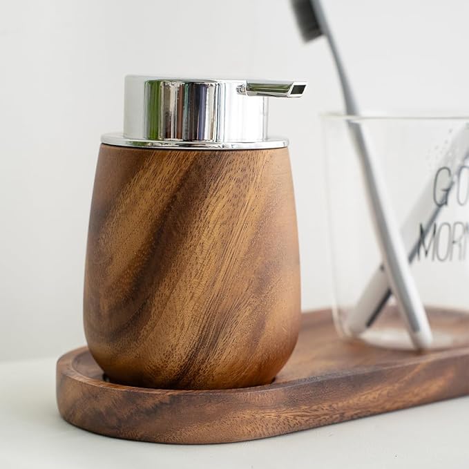 Walnut Wood Soap Dispenser Set with Tray, 7oz/200ml Foaming Hand Soap Dispenser with 6 Labels, Wooden Bathroom Organizer Tray for Toiletries & Aromatherapy, Countertop Bathroom Accessories