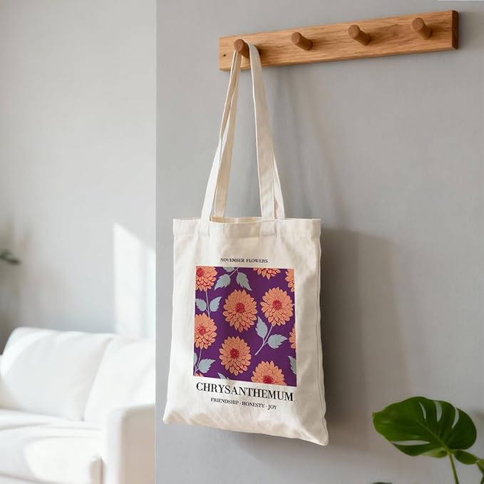 Flower Canvas Tote Bag, November Chrysanthemum Reusable Shoulder Bags, Christmas Gifts to Sister and Friends, Holiday Gift Bags for Wrap Storage, Casual Canvas Totes for Work Traveling