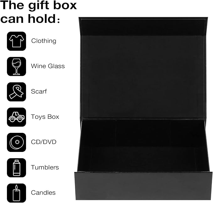 Aimyoo Medium Black Collapsible Gift Box with Magnetic Closure Lids 10.5x7x3 in, Bridesmaid Groomsman Proposal Boxes, Rectangle Present Box for Graduation Birthday Storage (1 Pack)