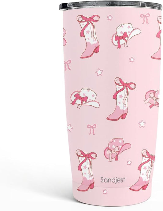 SANDJEST Cowgirl Tumbler 20oz, Stainless Steel Travel Cup with Lid, Insulated Coffee Mug, Cowgirl Gifts for Women Girls Friends Sisters on Birthday Christmas (Pink)