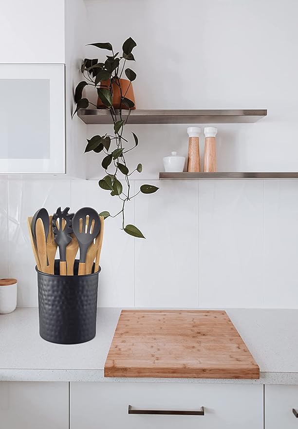 Monarch Abode Hand Hammered Kitchen Utensil Holder for Kitchen Counter, Spatula, Ladle, and Large or Small Spoon Holder, Decorative Cooking Utensil Crock Organizer for Countertop, Matte Black