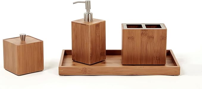 Seville Classics Bamboo Eco-Conscious Bathroom Vanity Organizer Set Kitchen Home Over The Sink Trash Bin, Soap, Cotton Ball Holder, Towel Tray, 5 Piece, Bamboo