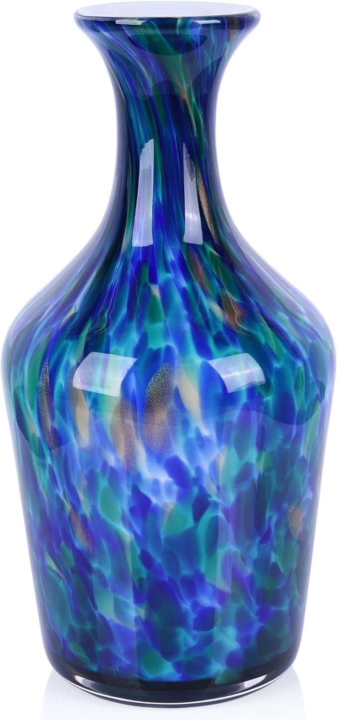 12.2" Tall Hand Blown Glass Vase – Pretty Teal Decorative Flower Vase, Modern Vintage Fusion Home Decor, Colorful Murano Glass Vases for Table Centerpieces, Living Room, Bathroom, Entry Table