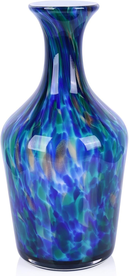 12.2" Tall Hand Blown Glass Vase – Pretty Teal Decorative Flower Vase, Modern Vintage Fusion Home Decor, Colorful Murano Glass Vases for Table Centerpieces, Living Room, Bathroom, Entry Table