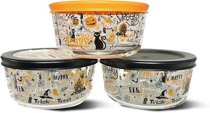 DURA LIVING Halloween Glass Food Storage Containers with Lids | Set of 6 (3 Containers + 3 Lids) 2-Cup | Spooky Design, BPA-Free, Microwave & Dishwasher Safe|Perfect for Meal Prep, Snacks & Leftovers