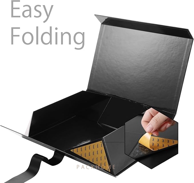 PACKHOME 17x14.5x5.5 Inches, 3 Extra Large Gift Boxes with Lids, Magnetic Closure Boxes with Ribbon for Clothes and Large Gifts (Glossy Black)