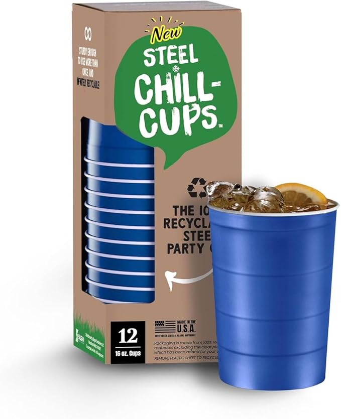 16 oz. Party Cups, Perfect for Cold Drinks, Sturdy & Durable, Disposable and 100% Recyclable, Made in USA, Blue, 12 Count