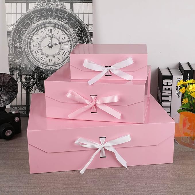 Pink Large Gift Box 13x11x5.3 Inches With Ribbon, Lid Magnetic Closure, Christmas, Rectangle Collapsible for Men Shoes