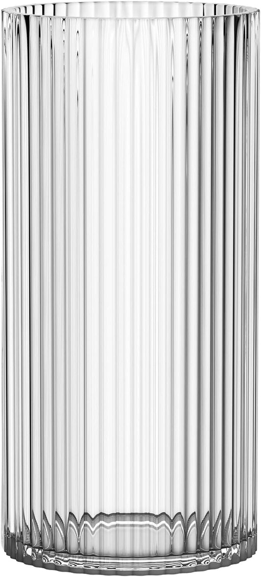 Clear Glass Vase, Glass Flower Vase, Ribbed Glass Vase, Clear Vase, Tall Cylinder Glass Vases for Centerpieces, Living Room, Dining Table, Office, Wedding, Bookshelf Decoration, 9.8 Inches