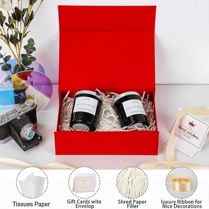 UoeRing 6 Pack Red Gift Box 9.5x6x3 inch Small Luxury Gift Box for Presents with Magnetic Lid Collapsible,Valentine's Day,Christmas,Contains Card, Ribbon, Tissue Paper,Shredded Paper Fille