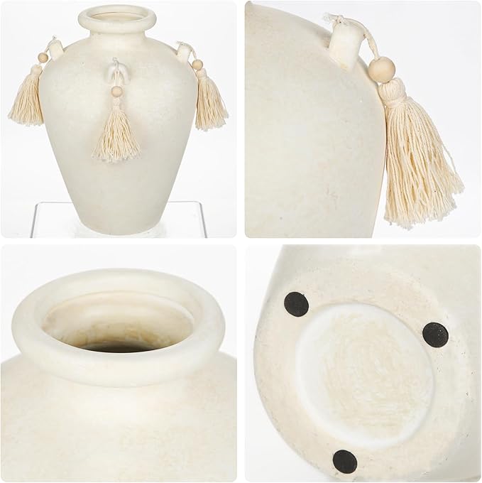 9.4" Large White Ceramic Vase for Centerpieces - Rustic Farmhouse Vase with 4 Ears & Tassels, Terracotta Vintage Flower Vases for Table, Desk, Living Room, Bedroom, Entryway, Holiday & Weddings Decor