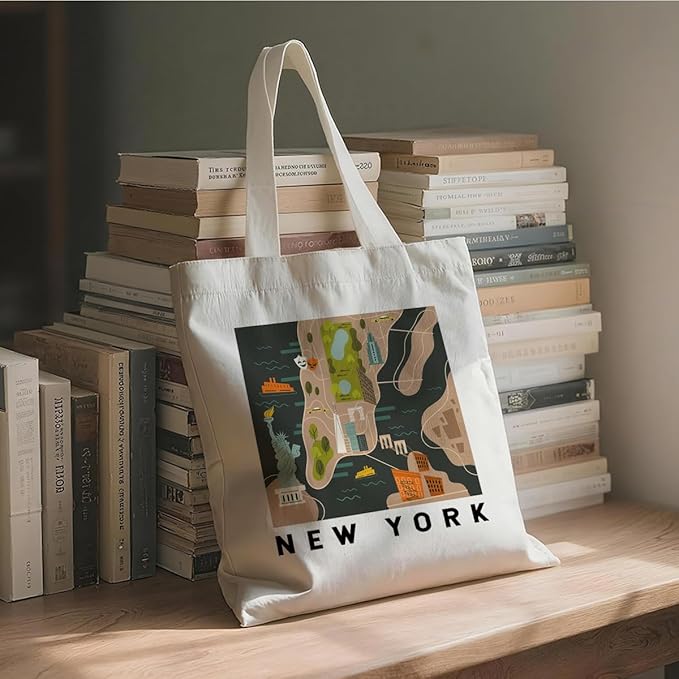 New York Map Canvas Tote Bag, New York Travel Gifts Shoulder Bags, Christmas Gifts to Friends and Family, Reusable Shoulder Tote Bag, Holiday Gift Bags for Wrap Storage