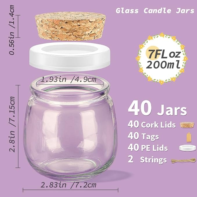 Syntic 40 Pack Small Glass Jars with Cork Lids, 7oz Empty Mason Jars for Making Candles, Yogurt Container with PE Lids for Wedding Favors, Baby Shower, Candy, Spices with Twine, Labels
