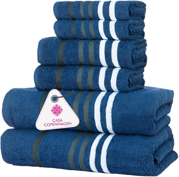 CASA COPENHAGEN Exotic 6 Pieces Towel Set- Navy, 525 GSM 2 Bath Towel 2 Hand Towel 2 Washcloth, Designed in Denmark Made of Soft Egyptian Cotton for Bathroom, Kitchen & Shower