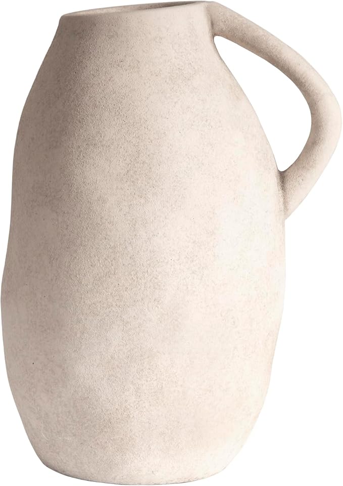 White Ceramic vase with Handle, Distressed Cement Texture, Boho Terracotta Large Pottery 10inch Tall, Rustic Farmhouse Decorative vases for Centerpieces, Unique Stoneware Jug for Flowers
