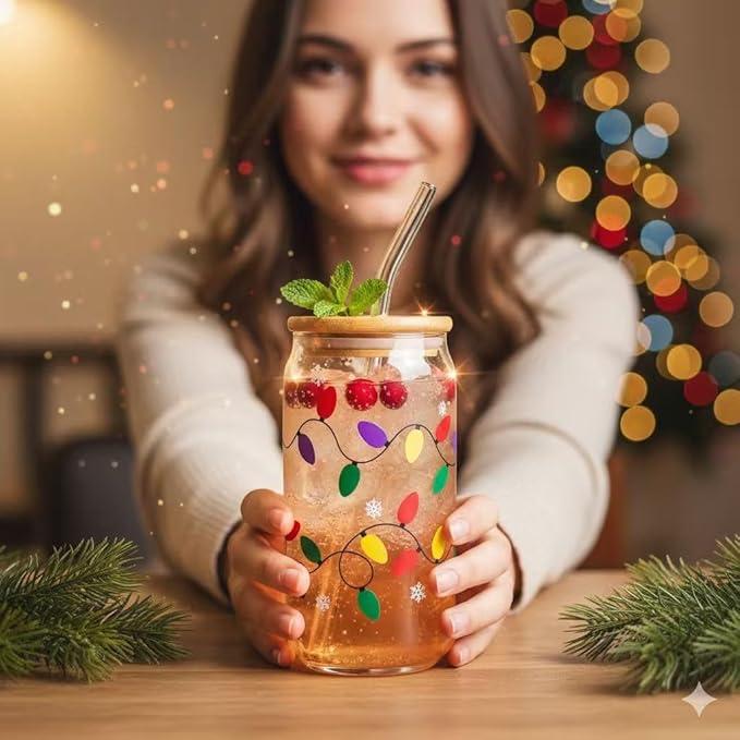 CHRISTMAS CUP WITH LID AND STRAPS 18 OZ Color Changing Christmas Lights for Party Glass Christmas Cups