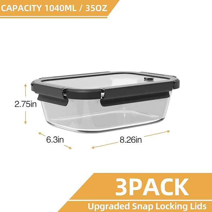 BYLWORKOUT Glass Meal Prep Containers 3 Pack | Borosilicate Food Storage Containers with Airtight Leak-Proof Vented Lids | Microwave, Oven, Freezer & Dishwasher Safe Glass Lunch Boxes for Kitchen
