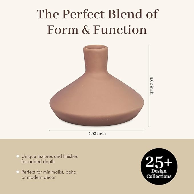 Young's Inc Terracotta Stoneware Wide Bottom Vase - Modern Rustic Decorative Orange Table Centerpiece,Sculptural Accent for Home Decor, 3.6 inch Tall