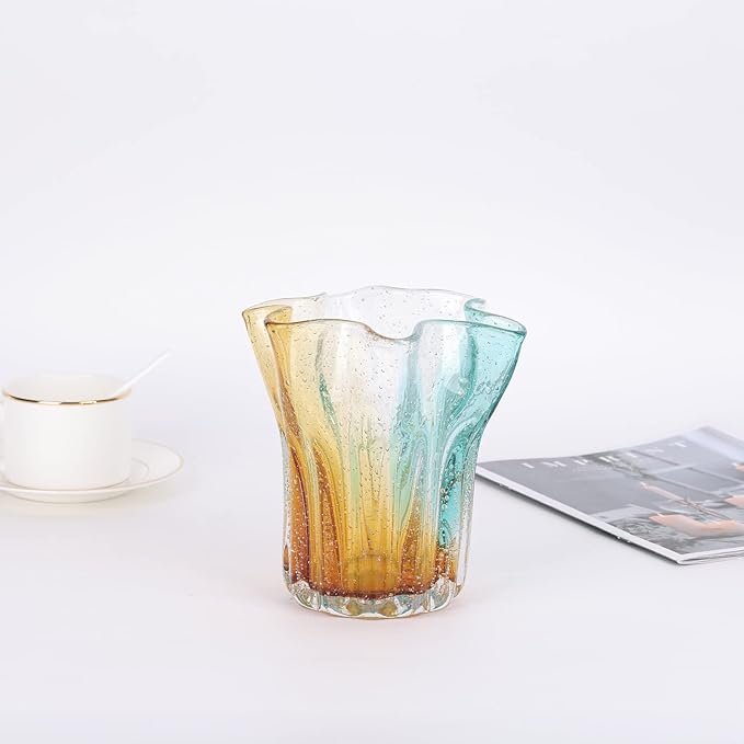 Hand Blown Glass vase, Wide Mouth Petal vase, Colorful Modern Glass Art Home Decor vase for Family Living Room, Wedding Scene, Dining Table Center, Entrance Table top