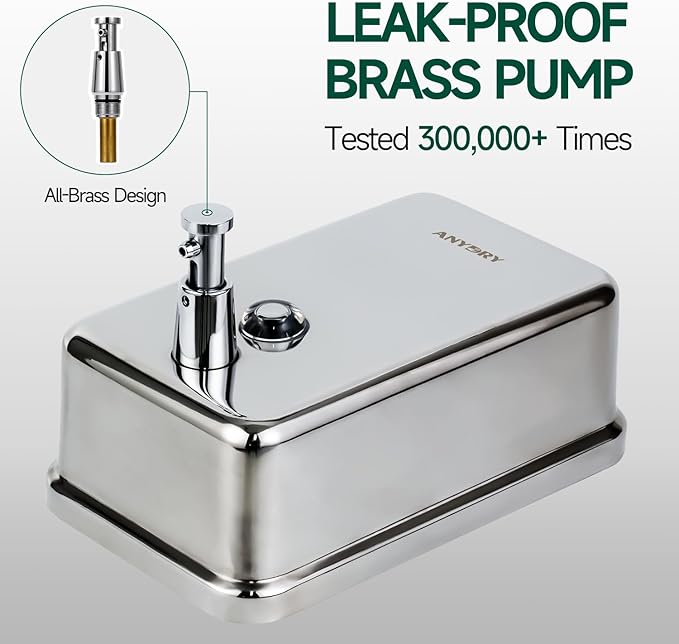 Commercial-Grade Manual Soap Dispenser, Durable Polished Stainless Steel Finish, 37oz (1100ml), Wall-Mounted for Bathroom & Kitchen