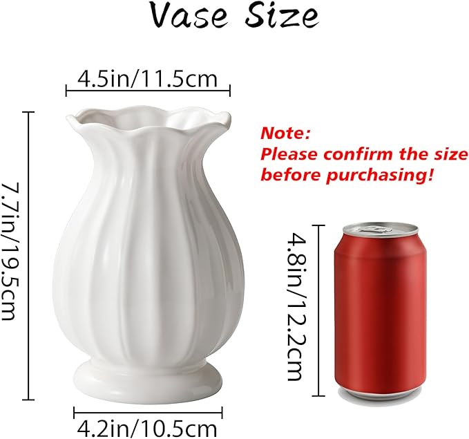 White Ceramic Vase, 7.6 Inch Flower Vase Home Decor Modern Decorative Vases for Bouquet, Unique Vases for Farmhouse Living Room Cabinet Table Centerpieces Wedding Decorations
