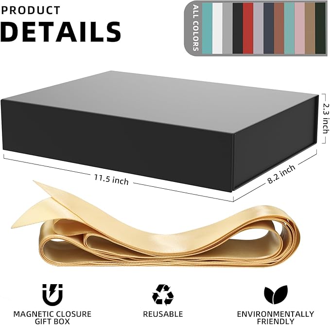 MOZRRO Gift Box 11.5 x 8.2 x 2.3 In Gift Boxes for Presents Magnetic Closure, Gift Boxes with Lids for Presents Birthday Luxury Jewelry T-shirts Gloves Scarves Books Clothes Candy, Gift Wrap - Black