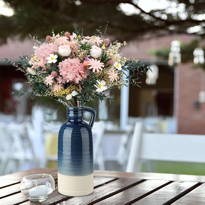 12.5" Blue Ceramic Vase for Home Decor Large Decorative Vase Boho Pottery Bud Vase for Flowers Rustic Farmhouse Tall Single Flower Vase for Centerpieces Pampas Grass