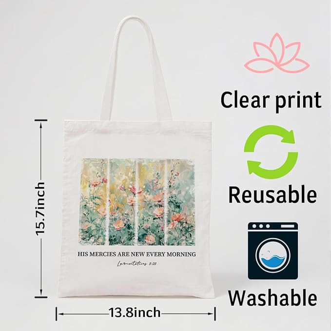 Funny Canvas Tote Bag, His Mercies Are New Every Morning Tote Bag, Christian Canvas Totes for Work Traveling, Reusable Grocery Shoulder Shopping Bags, Christmas Gifts to Women Friends