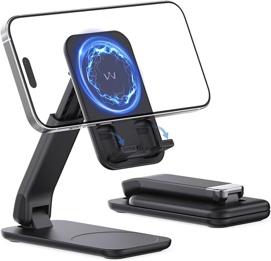 iWALK Magnetic Cell Phone Stand for Desk, Angle and Height Adjustable Mobile Phone Holder, Foldable Magnet Stand for iPhone 17 16 15 14 13 12 Pro Max and iPad, Cell Phone Holder for Samsung, Black