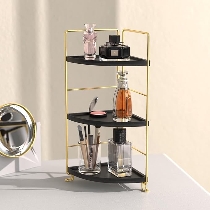 3-Tier Corner Bathroom Organizer Countertop for Storage, Counter Tray and Vanity Organizer, Plastic Counter Organizer for Kithchen, Bathroom, Dresser (Gold +Black)