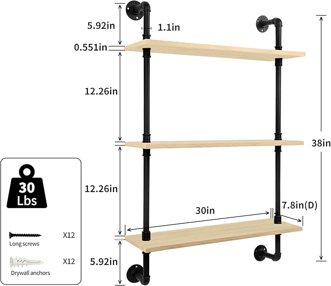 3-Tier Industrial Pipe Floating Shelf – Rustic 30 inch Wood Wall-Mounted Storage Shelf for Kitchen Office,Bathroom & Home Decor -White Oak