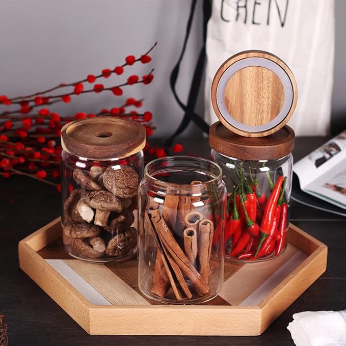 SAIOOL Glass Jars, Food Storage Containers with Airtight Acacia Lids, 20FL OZ(600ml) Glass Canisters Set-3, Clear Containers Suit for Storing Tea, Coffee, Flour, Candy, Cookie, Rice, Sugar, Pasta